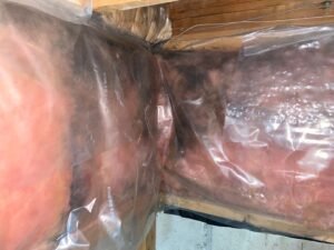 Exposed basement insulation and wood framing with dark discolouration during a CPR24 Restoration job in Etobicoke