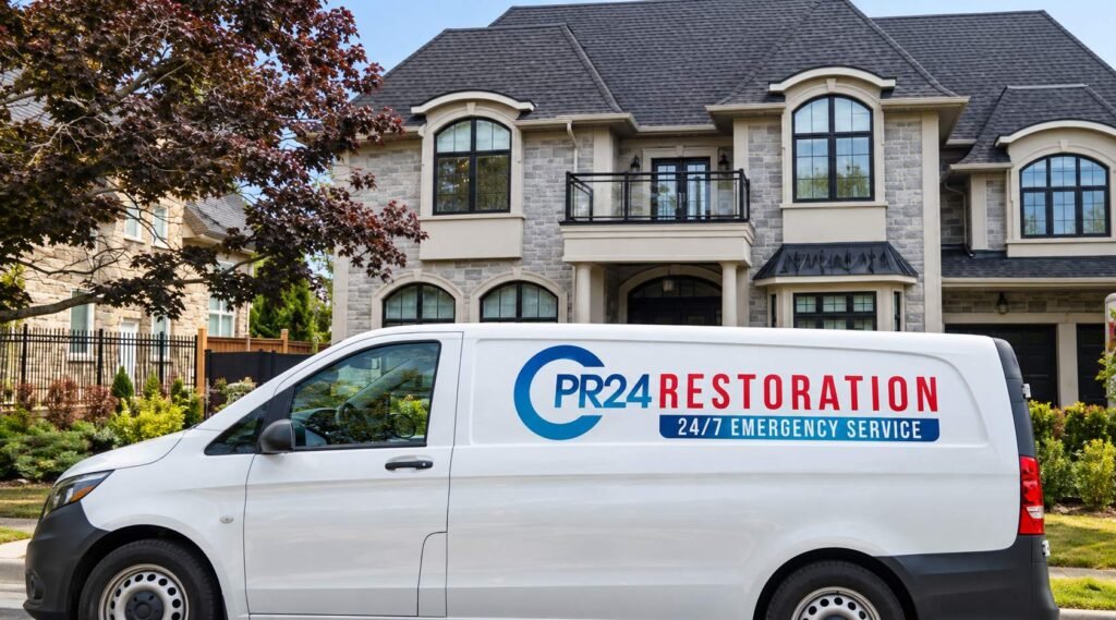 CPR24 Restoration service van outside a residential property during a flood emergency response.